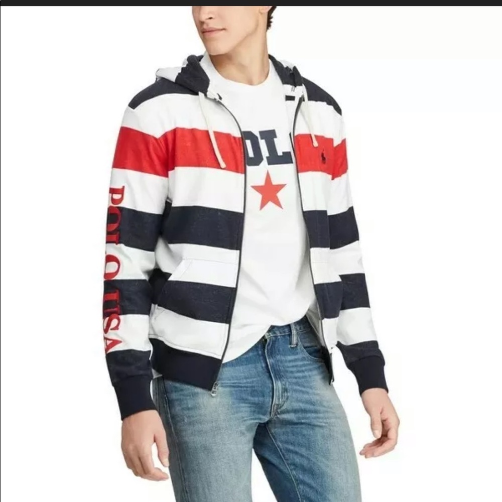 Polo White/Red/Navy Stripe, Terry Zip Up Hoodie